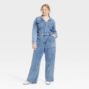 Women's Long Sleeve Utility Baggy Denim Jumpsuit - Medium Wash